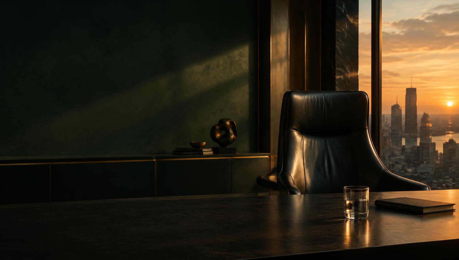 An empty executive chair in a private office at sunset