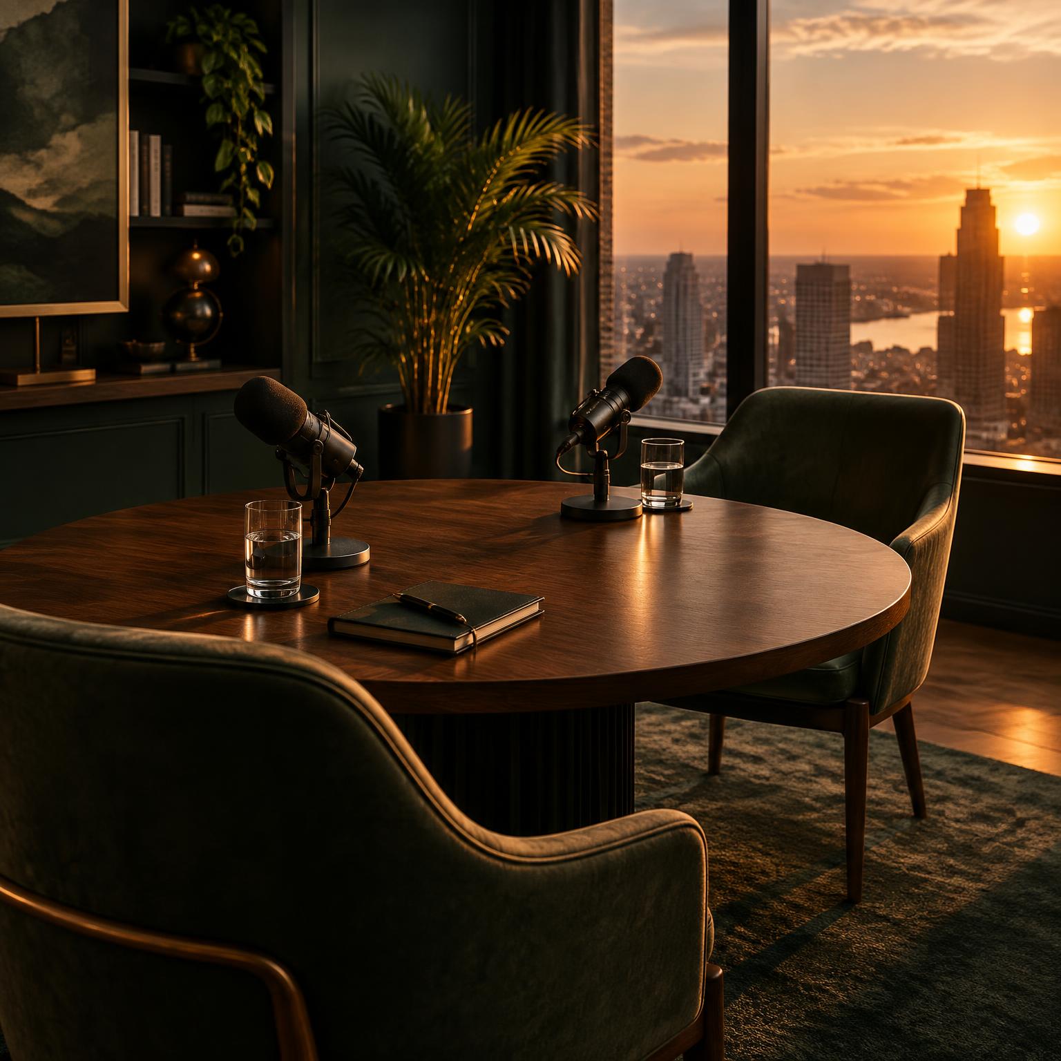 An intimate podcast studio prepared for a conversation at sunset